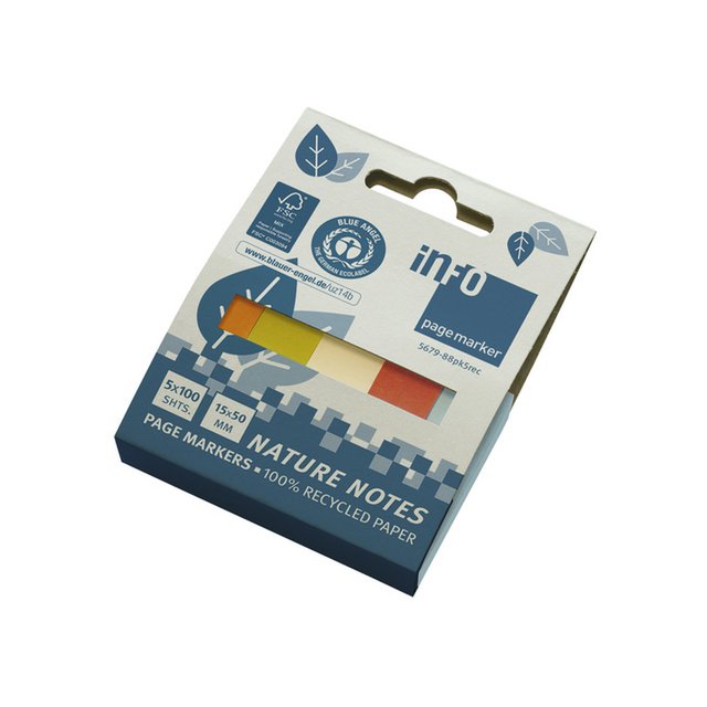 Info Page Marker papier 15x50mm, 5 kleuren recycled 100 vel per kleur