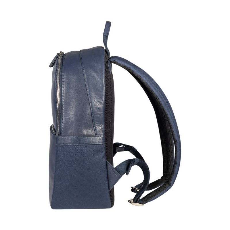 RB2001D | Netbook/tablet rygsæk i nylon/ægte læder, med let fibre. Lynlåslukning og justerbare skulderstropper - Blå farve - Mål: 27 x 38 x 14 cm Emballage: Non-woven stoftaske