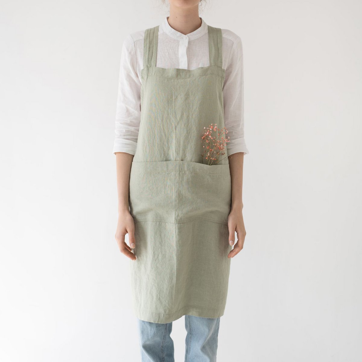 Sage Linen Japanese Crossback Forklæde