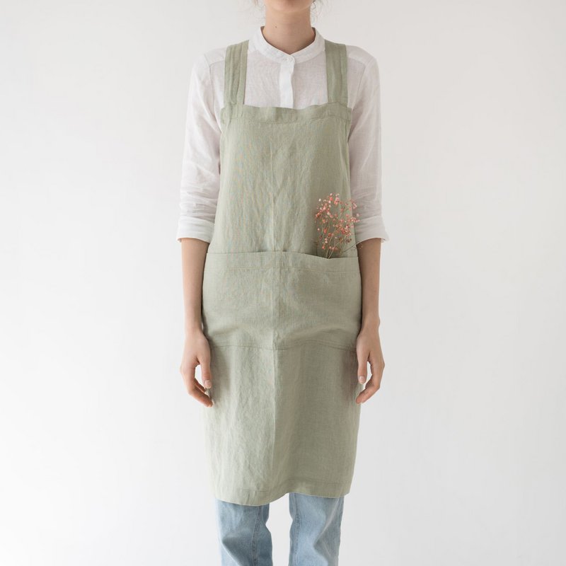 Sage Linen Japanese Crossback Forklæde
