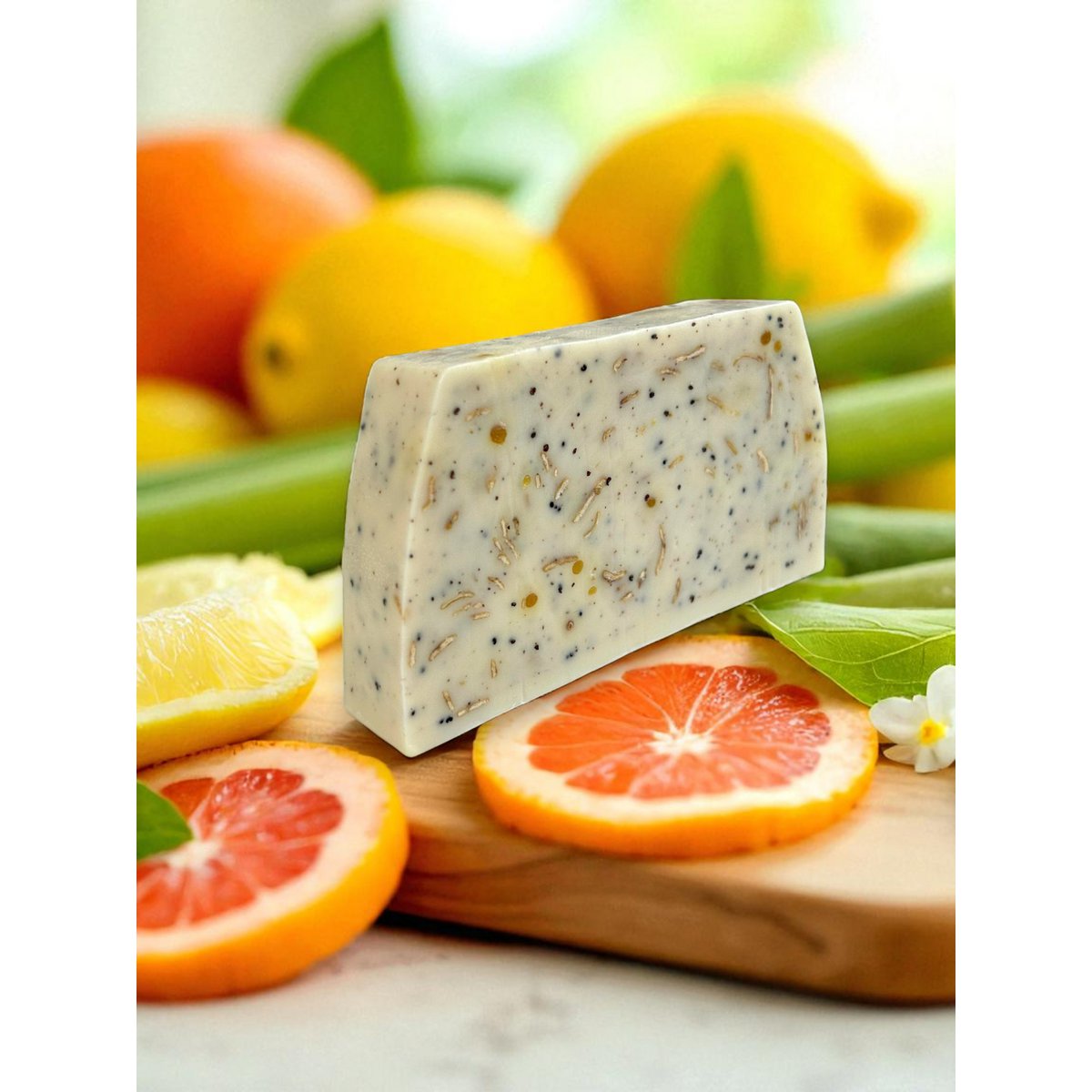 Barra de jabón anticelulítico de glicerina con aceites de semilla de albaricoque, mostaza y cítricos, efecto masaje tonificante