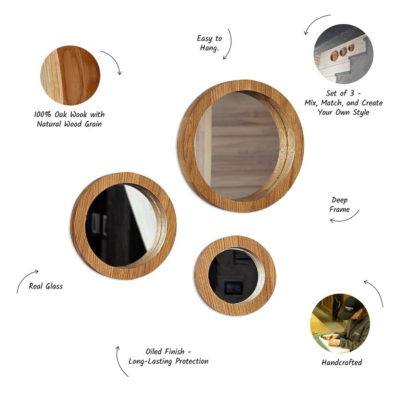 Set di 3 specchi di quercia artigianali per spazi rustici, minimalisti e di fattoria