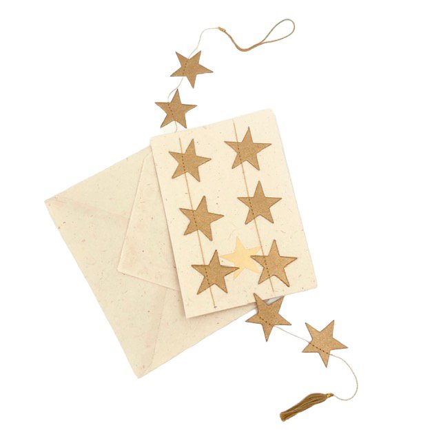 Luna-Leena-Grußkartenset + Girlandensterne Gold – vertikal – L115 cm – Gold – umweltfreundliches Papier – handgefertigt in Nepal