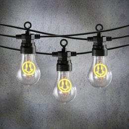 Yellow plastic string lights with round bulbs.