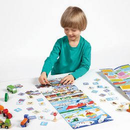 Colorful puzzle featuring various modes of transportation, including cars, trucks, trains, planes, and hot air balloons. Suitable for children aged 4 and up.