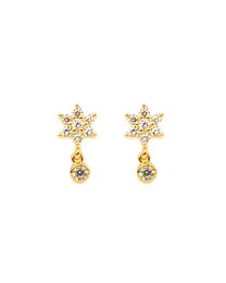 Galactica earrings in gold and silver with star-shaped designs and dangling crystals.