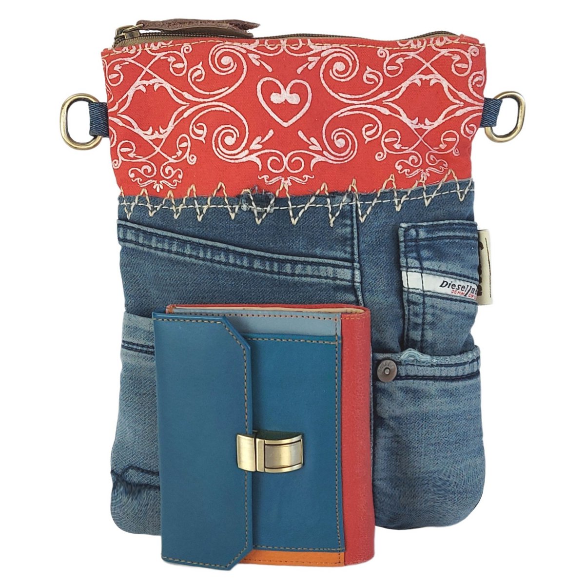 Petit sac bandoulière femme Sunsa. Sac bandoulière en jean et toile upcyclés. Sac à main style rétro vintage. Sac bandoulière pour femme.