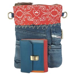 Petit sac bandoulière femme Sunsa. Sac bandoulière en jean et toile upcyclés. Sac à main style rétro vintage. Sac bandoulière pour femme.