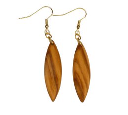 Geometric hanging earrings in the shape of a small leaf made of beautifully grained olive wood, very light, with a matte oiled surface. Available in stainless steel silver or gilded stainless steel.