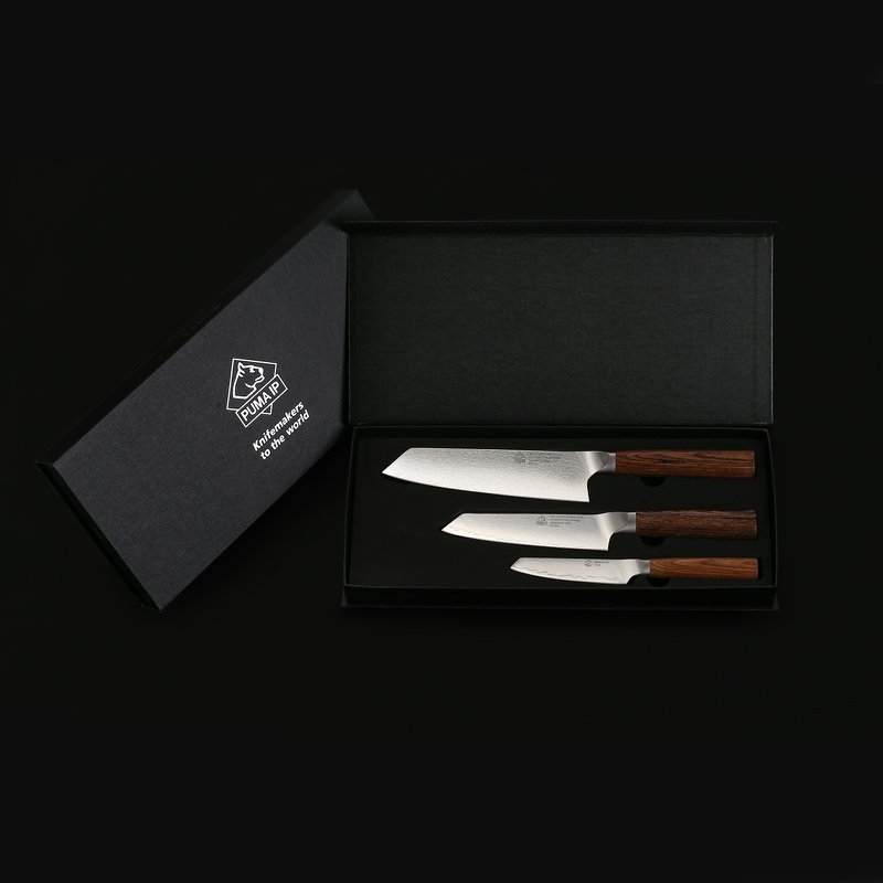 PUMA IP set of 3: 7” Santokumesser + 5.5” Santokumesser + Office 4” Schälmesser aus Japanischem VG-10 Damaststahl mit Griff aus Nussbaum-Pakkaholz mit Magnet-Bambus Messerhalter und Wasserschleifstein