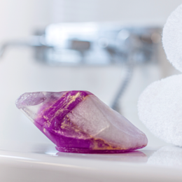 Amethyst crystal soap, a natural beauty gift set with a unique purple and white crystal-like shape.