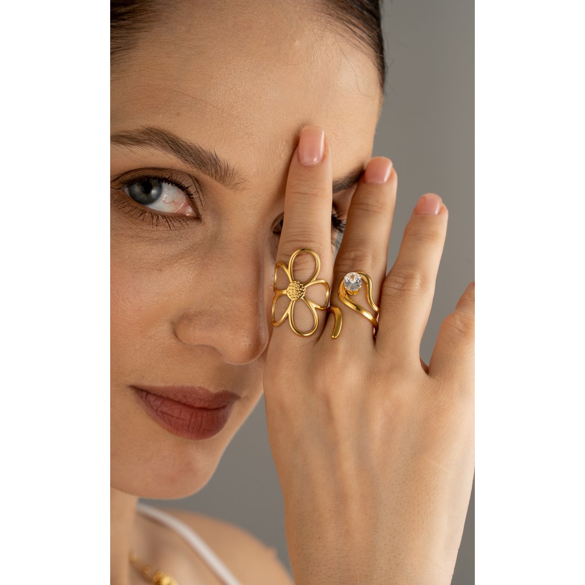 Bague géométrique acier inoxydable cristal ajustable design moderne