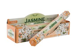 Set of 20 jasmine-scented incense sticks, each 25 cm long and 4 cm wide, in a decorative box.