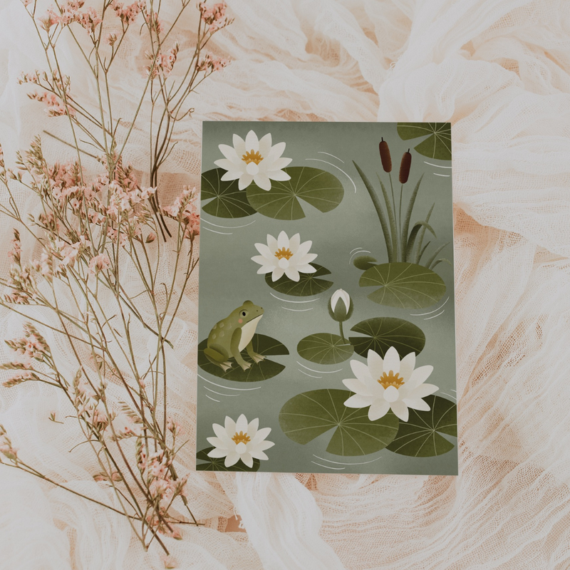 Postcard pond water lilies greeting card frog - postcard spring water lily pond