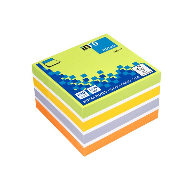 Info notes 75x75mm assorted Color Mix block of 450 sheets lime, white, gold, violet, orange