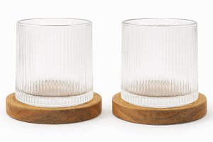 Whiskey Glass Set Of 2 - Luxury Crystal Glass With Wooden Coasters - Gift Set For Whiskey Fans - Old Fashioned Glass - Transparent