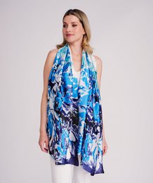 Blue purple satin scarf with abstract floral iris flower pattern design, lightweight drape fabric