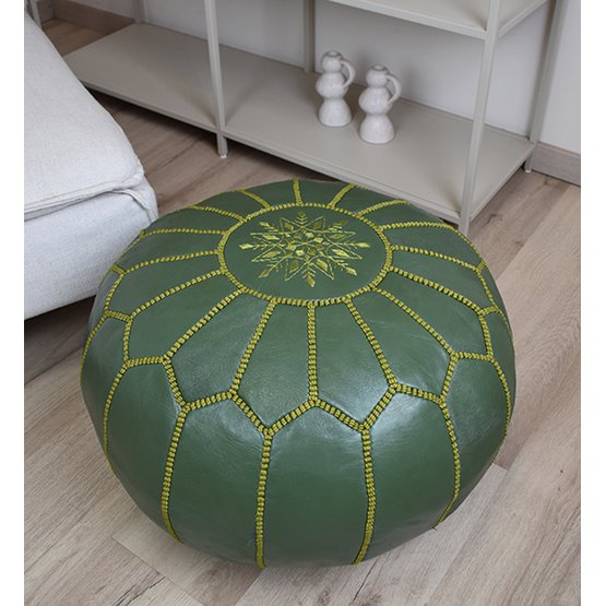 Leren poef - olijfgroen
