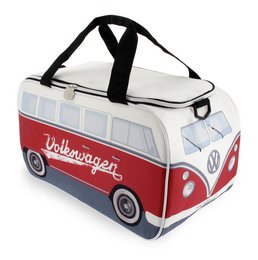 Red and white Volkswagen VW T1 Bus shaped cooler bag with 25 liter capacity, suitable for picnics and outdoor activities.