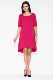 Asymmetrische trapezejurk met korte mouwen, fuchsia
