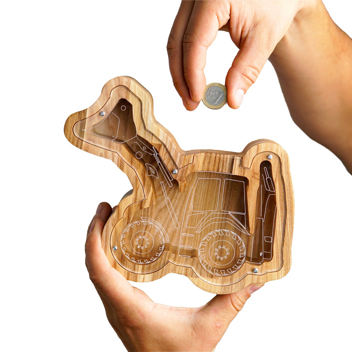 Wooden Piggy Bank Tractor (M/L, 3 farver)