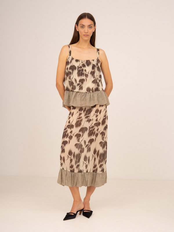 Bouquet Brown Flower Print Midi Skirt