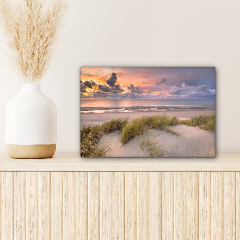 Lærredsmaleri - vægdekoration - solnedgang - klit - strand - planter - hav