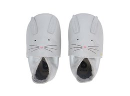  Soft Sole Hop Silver baby shoes in sizes L, M, S, XL, 4XL, 5XL. Gray plush fabric with rabbit ear design, soft sole for comfort.