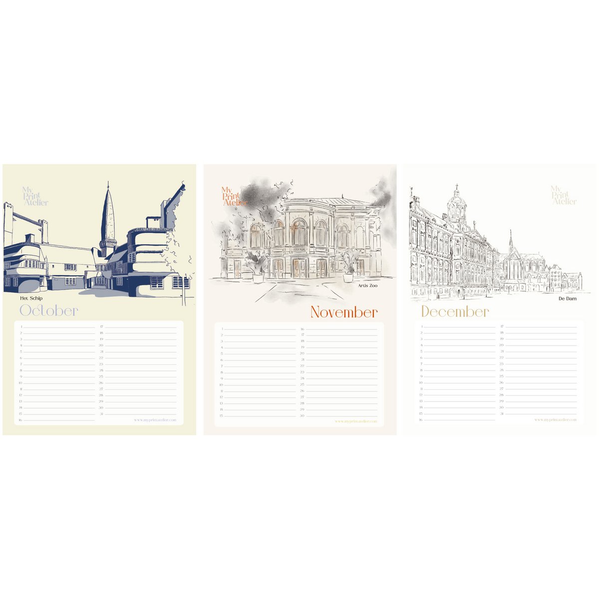 Verjaardagskalender Amsterdam Icons - Annet Weelink Design Amsterdam Schetsen - A4 - Eeuwigdurende Kalender - Premium Papier