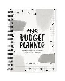 A black and white spiral-bound budget planner notebook with the title "My Budget Planner" printed on the cover. The notebook appears to have a minimalist, monochrome design with simple geometric patterns.