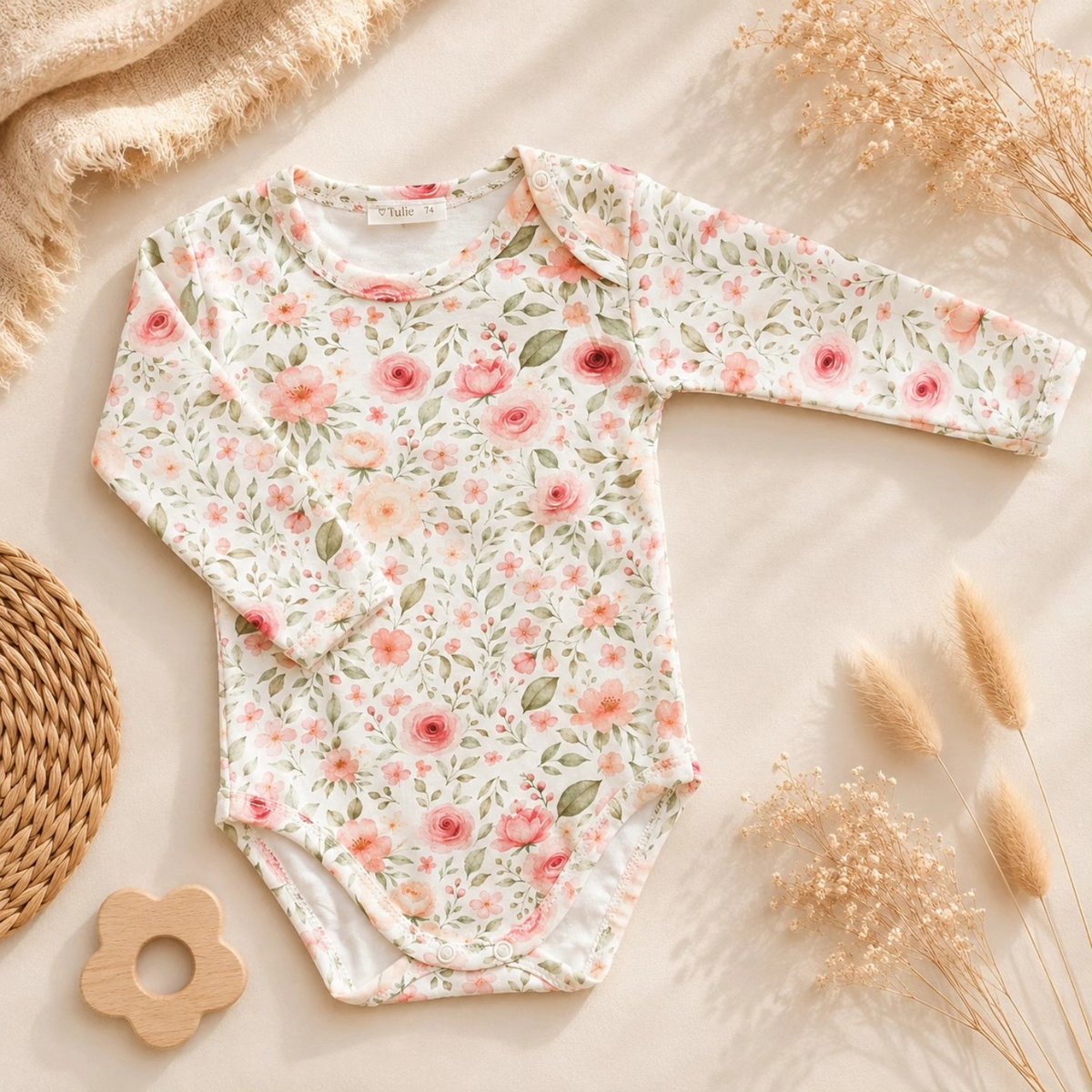 Babyblomstret langærmet bodysuit – blød pink haveprint