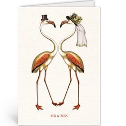 Elegant wedding card featuring two stylized flamingo figures dressed in formal attire, creating a whimsical and celebratory design.