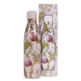 A pink and yellow floral patterned thermos bottle with a capacity of 500 ml and made of stainless steel.