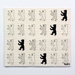 Sponge cloth with repeating pattern of Berlin bears in black and white. Suitable for cleaning purposes.