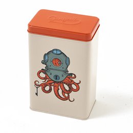  Rectangular tin box with an octopus design, suitable for storage. The box has a cream-colored body with an orange lid, and features a detailed illustration of an octopus on the front.