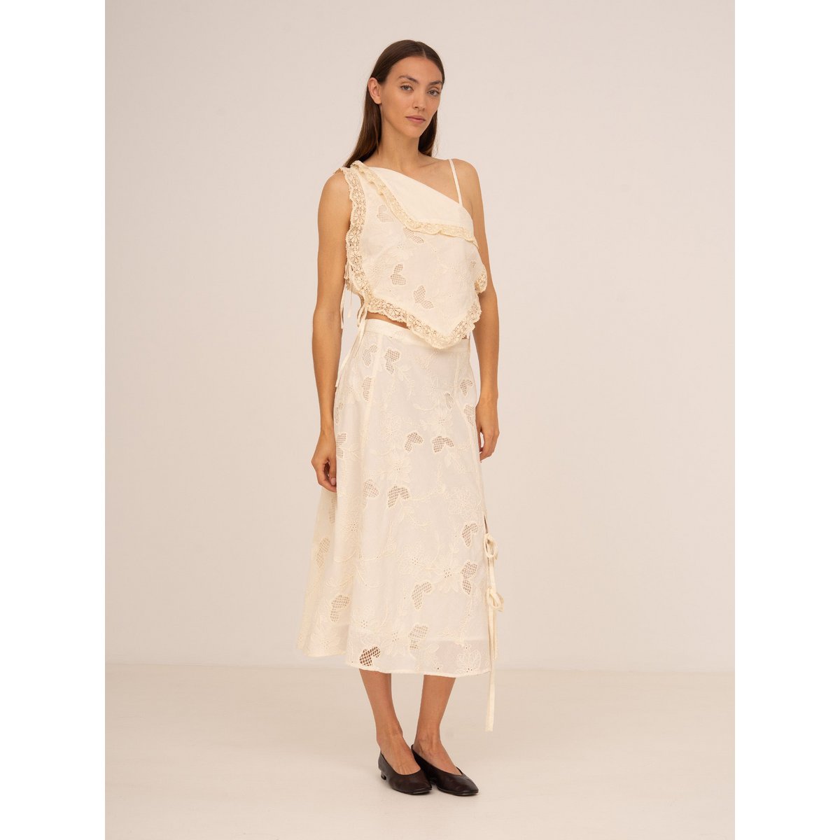 Sunlit Cream Embroidered Midi Skirt