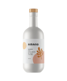 Mild and fruity 500ml olive oil in a clear glass bottle with a wooden cap.