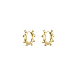 Gold hoop earrings with small balls, suitable for casual or formal wear.