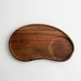  Kidney-shaped wooden coffee tray with cup holder, acacia wood, natural brown color, serving tray.