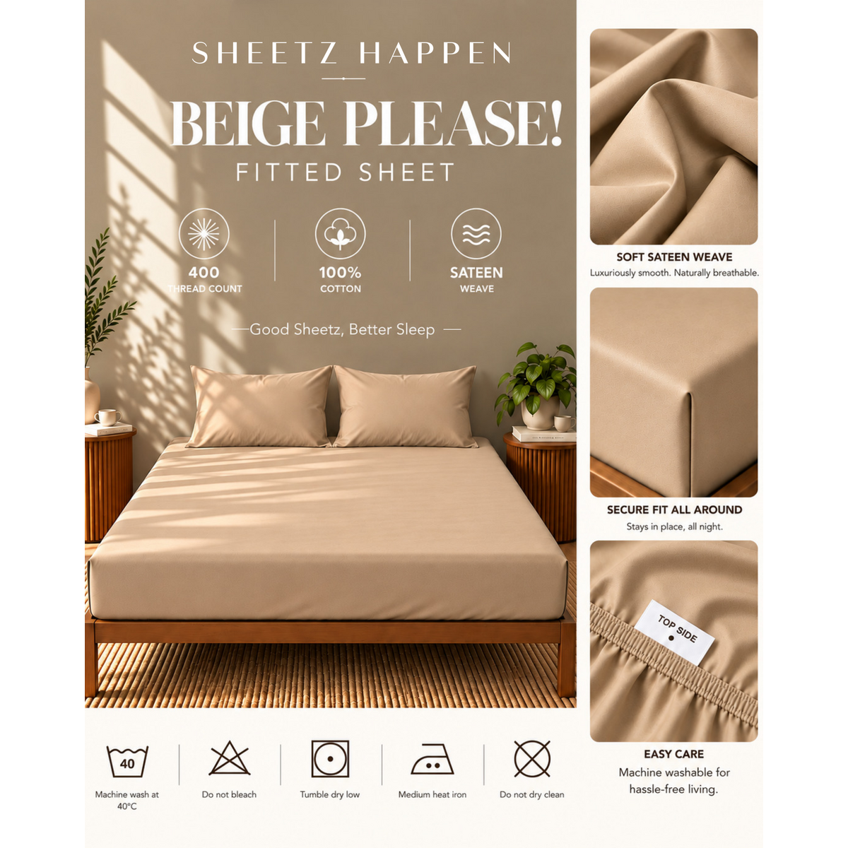 Drap-housse - Satin de coton 400 fils au pouce - Beige S'il vous plaît !