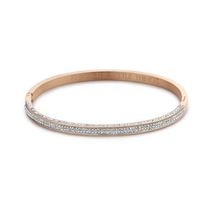 Rose ion plated stainless steel bangle with crystals