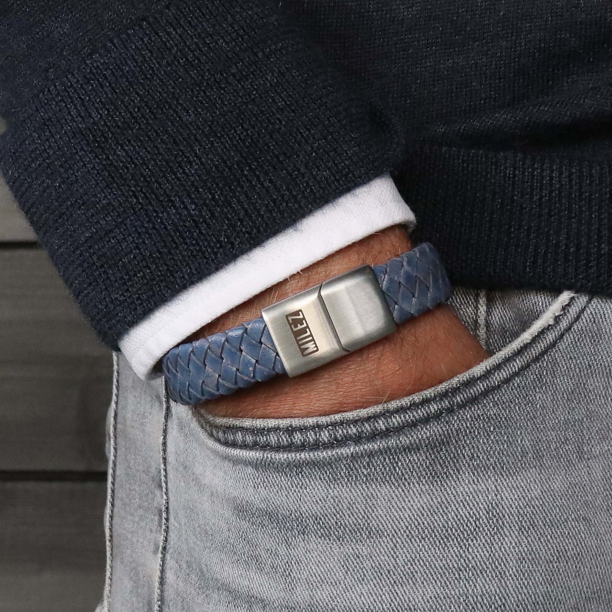 Leather men's bracelet Blue