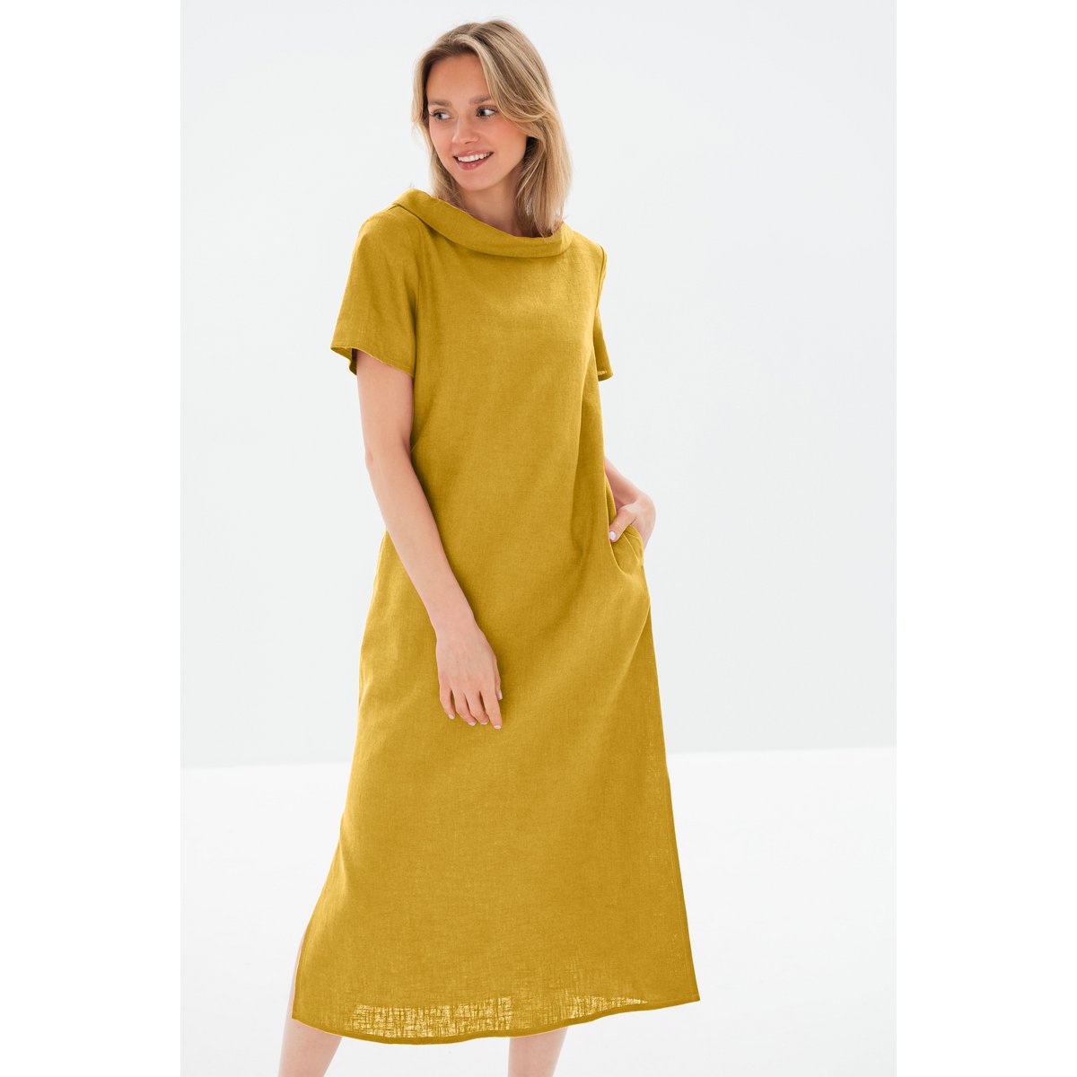 LONG STORY — Vestido midi de lino con cinturón y manga corta