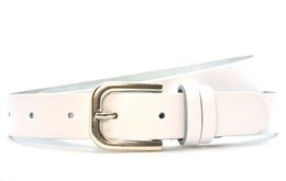 White leather fashion belt with silver-tone buckle, available in sizes 85, 95, and 105.