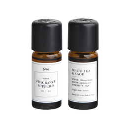 White tea and sage diffuser refill with a warm, earthy aroma. Rectangular glass bottle with black cap.