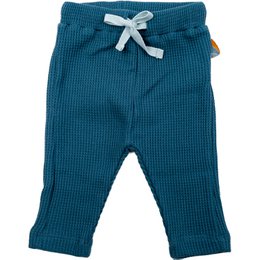 Waffle-textured baby pants in a deep teal blue color, featuring a drawstring waist and soft, comfortable material.