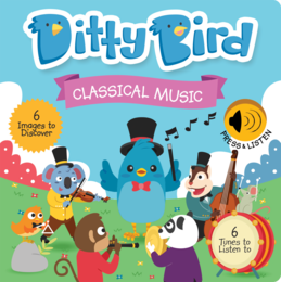 A colorful and engaging baby sound book featuring classical music compositions by Mozart and Beethoven, with illustrations of various animals playing musical instruments.