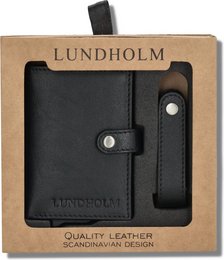 Læderkortholder + nøgleorgan sort — gavesæt til mænd — Lundholm Örebro Safety Wallet
