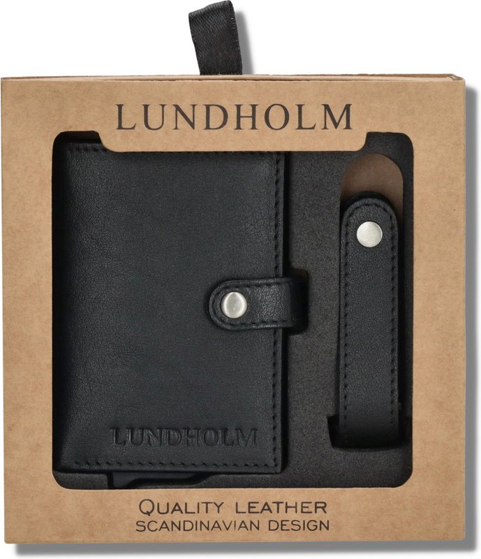Læderkortholder + nøgleorgan sort — gavesæt til mænd — Lundholm Örebro Safety Wallet