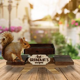 Funny Squirrel and Chipmunk Feeder For Outside, Picnic Table Feeder for Squirrels, Tray for Fruit and Nuts, Wildlife animal wooden bench